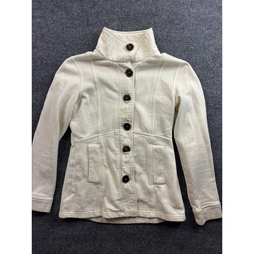 Prana Button Up Jacket Women XS Cream Fleece Funnel Neck Pockets Long Sleeve